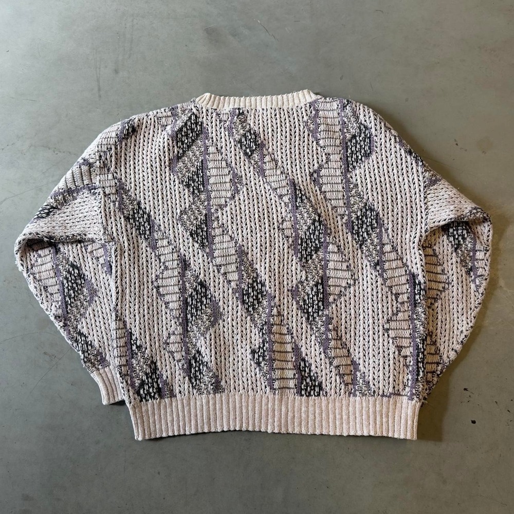 Vintage 90s crossings 100% cotton knit pattern sweater cream purple - Picture 3 of 6